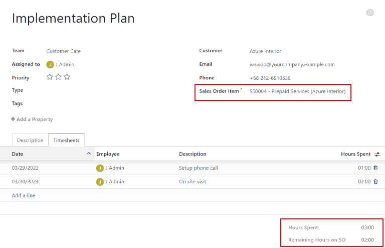 View of the timesheets tab on a ticket with an emphasis on the remaining hours on an SO.