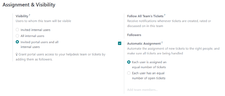 View of a Helpdesk team settings page emphasizing the assignment and visibility features in Odoo Helpdesk