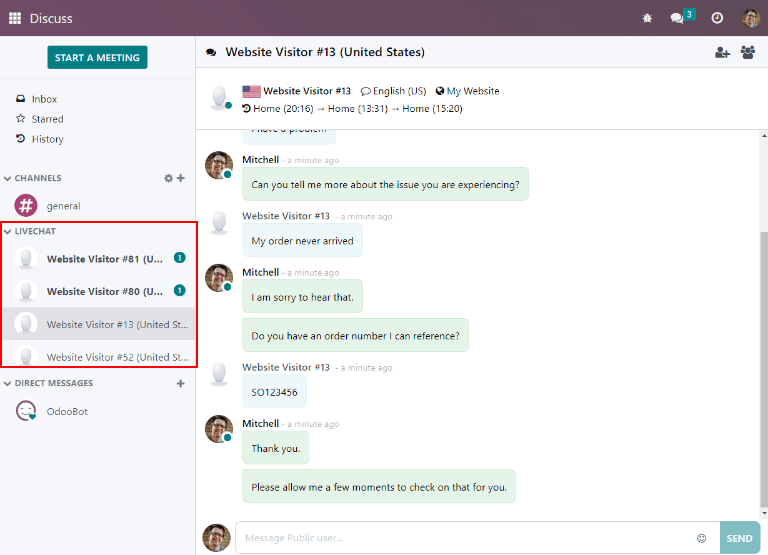 Ansicht der Dialog-App mit einer über den Livechat in Odoo gesendeten Nachricht