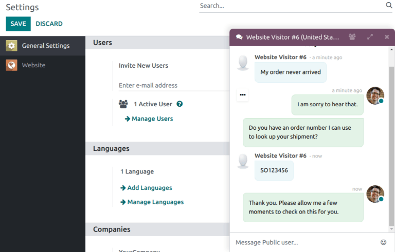 Ansicht des Pop-up-Fensters eines Livechats in einer Odoo-Datenbank.