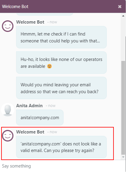 Ansicht eines Chatbots, der auf eine ungültige E-Mail antwortet.