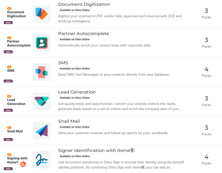 Der auf IAP.Odoo.com verfügbare IAP-Katalog mit mehreren Services.