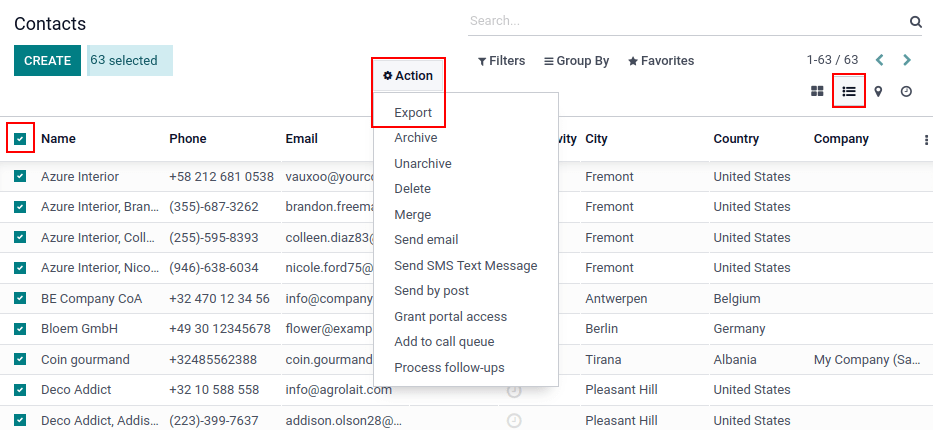 Ansicht der verschiedenen Dinge, die Sie zum Exportieren von Daten aktivieren/anklicken müssen