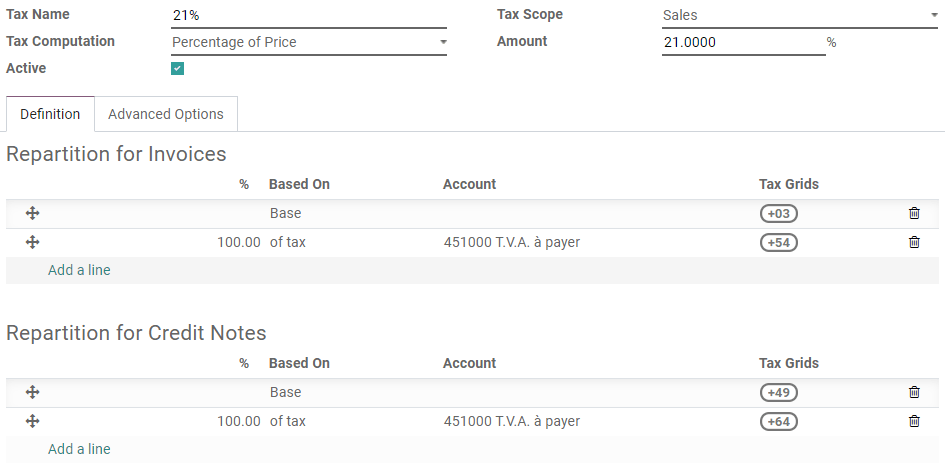 Bearbeitung einer Steuer in Odoo Buchhaltung