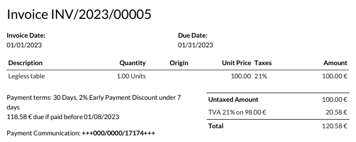 Eine Rechnung in Höhe von 100,00 € mit dem folgenden der Zahlungsbedingung beigefügtem Text: „30 Tage, 2 % Frühzahlerrabatt innerhalb von 7 Tagen. 118,58 € fällig, wenn bezahlt vor 01/08/2023.“