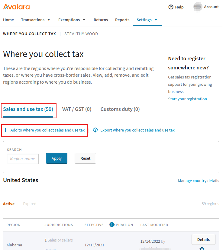 AvaTax management console, on the Where you collect tax page, with the add button and sales and use tax tab highlighted.