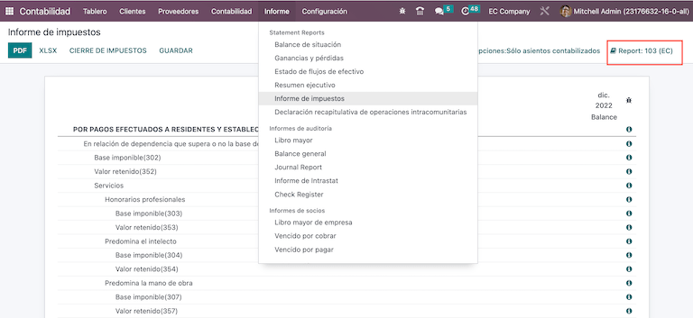 Formular des Berichts 103 für Ecuador.