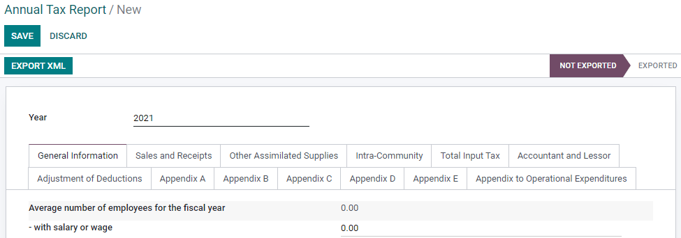 Odoo Buchhaltung (Luxemburgische Lokalisierung) generiert eine jährliche Steuererklärung