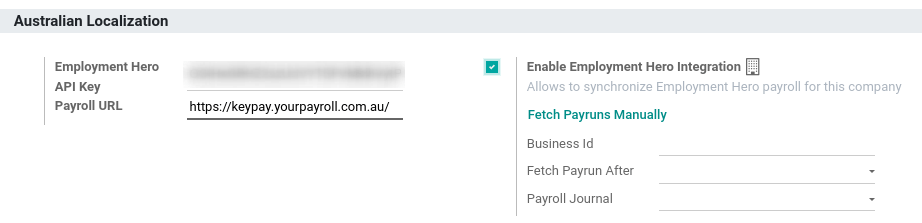 Aktivierung der Integration von Employment Hero in Odoo Buchhaltung zeigt neue Felder in den Einstellungen