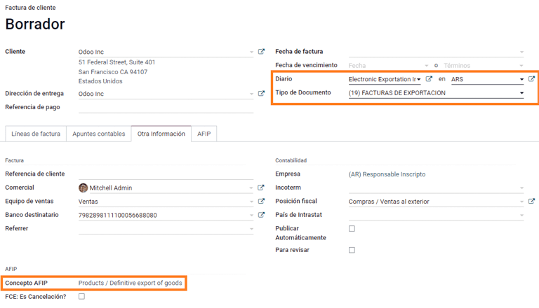 Automatisch ausgefüllte Exportrechnungsfelder in Odoo.