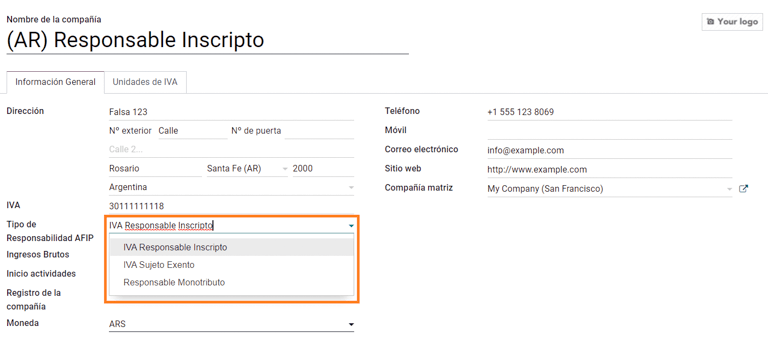 AFIP-Verantwortungstyp auswählen.