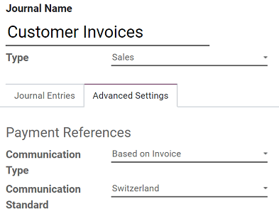 Konfigurieren Ihres Journals, dass Ihre ESR als Zahlungsreferenz auf Ihren Rechnungen in Odoo angezeigt wird.