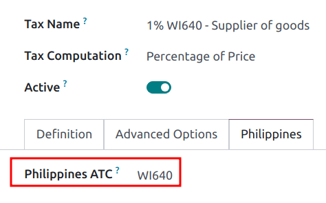 Feld für Philippinen-ATC-Code auf Steuern eingestellt.