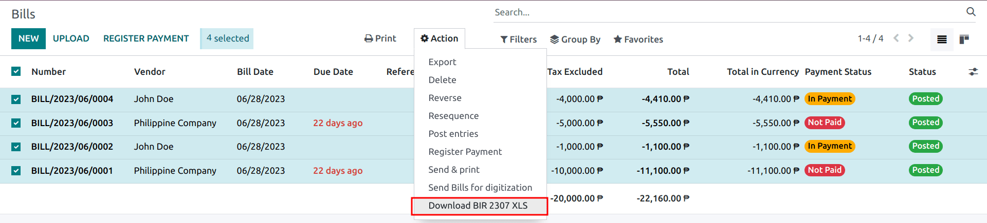 Mehrere Lieferantenrechnungen ausgewählt mit der Aktion „BIR 2307 XLS herunterladen“.