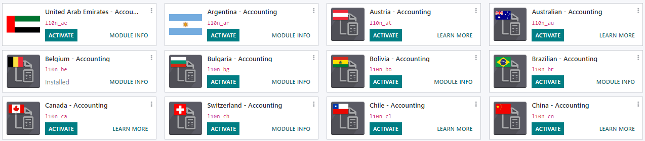 Installation der entsprechenden Module als steuerliches Lokalisierungspaket in Odoo Buchhaltung.