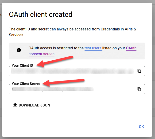 Client-ID und Client-Geheimnis für Google OAuth.