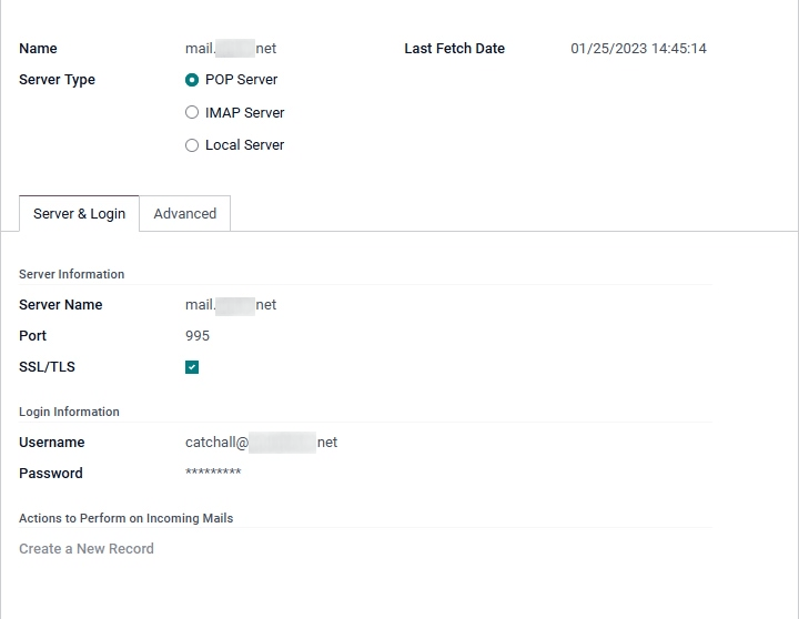 Konfiguratoin des Posteingangservers in Odoo.