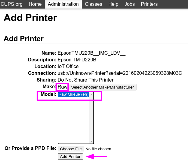 Epson-TM-U220-Spezifikationen auf der Website des Herstellers.