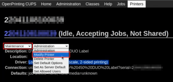 Modify the make and model of the DYMO LabelWriter. Maintenance and Modify drop-down menus highlighted.