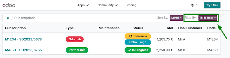 Odoo.com-Portalabonnements gefiltert nach „In Bearbeitung“.