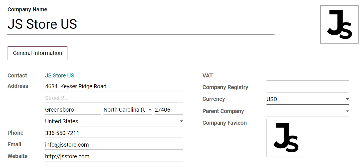 Übersicht des Formulars eines neuen Unternehmens in Odoo