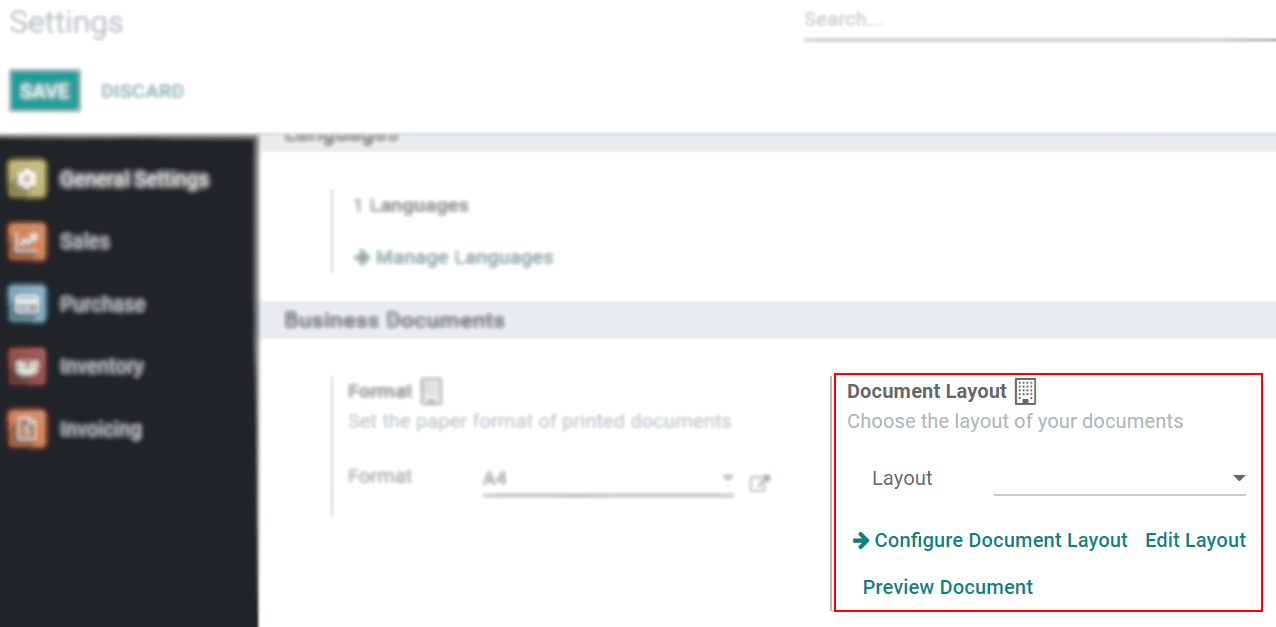 Ansicht der Einstellungsseite mit Hervorhebung des Feldes „Dokumentlayout“ in Odoo