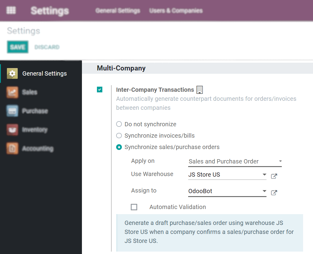 Ansicht der Einstellungsseite mit Hervorhebung des Feldes „Unternehmenstransaktion“ in Odoo