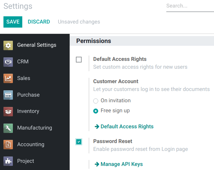 Aktivierung der Passwortzurücksetzung in Odoo Einstellungen