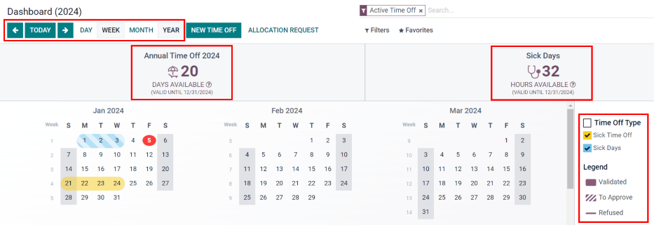 Time off dashboard view with the legend, time off summaries, and view buttons highlighted.