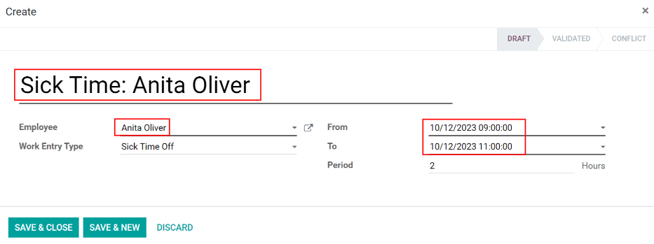 Ausfüllung des „Erstellen“-Formulars des Arbeitseintrag in Odoo.