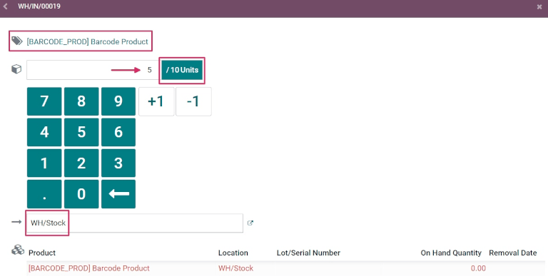 Editor der Produktzeile für individuelle Transfers in der Barcode-App,