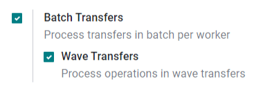 Ansicht der Einstellungen der Odoo-Lager-App zur Aktivierung der Option Wellen-Transfers.