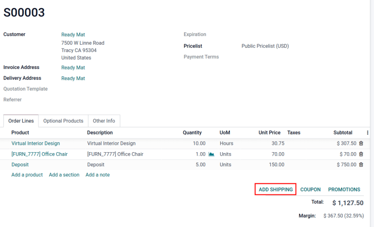 Klick auf die Schaltfläche „Versand hinzufügen“ unten rechts, neben der Gesamtsumme.