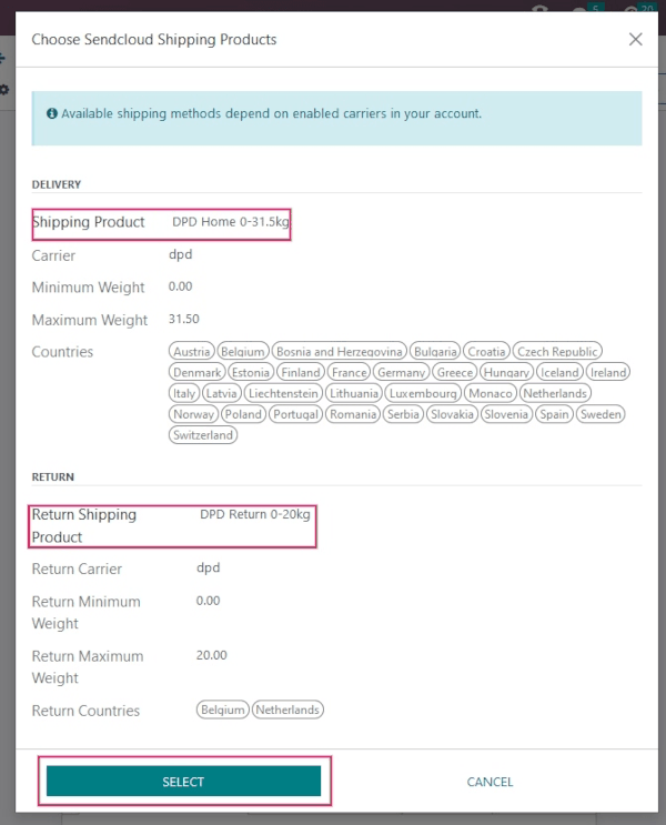 Beispiel für Versandprodukte, die in Odoo konfiguriert sind: