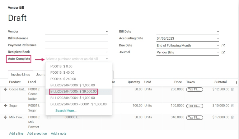 Drop-down-Liste der Autovervollständigung auf dem Entwurf einer Lieferantenrechnung.