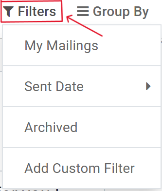 Ansicht des Drop-down-Menüoptionen für Filter auf dem E-Mail-Marketing-Dashboard in Odoo.