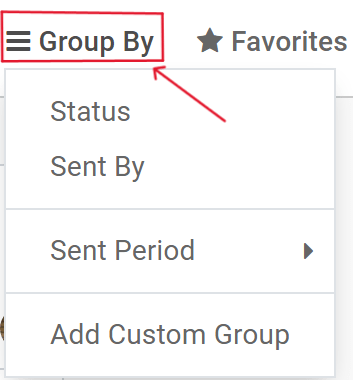 Ansicht des Drop-down-Menüs für „Gruppieren nach“ auf dem E-Mail-Marketing-Dashboard in Odoo.