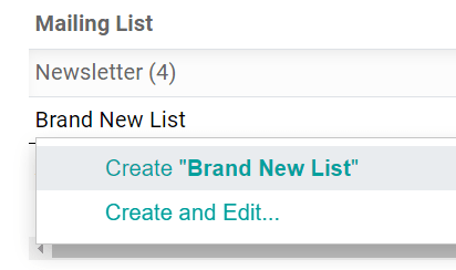 Ansicht des Drop-down-Menüs der neuen Mailingsliste auf dem Kontaktformular in der E-Mail-Marketing-App in Odoo.