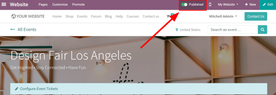 Ansicht einer Website-Seite und die Möglichkeit, die Veranstaltung in Odoo Veranstaltungen zu veröffentlichen.