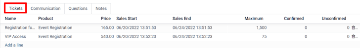 Ansicht des Reiters „Tickets“ in Odoo Veranstaltungen.