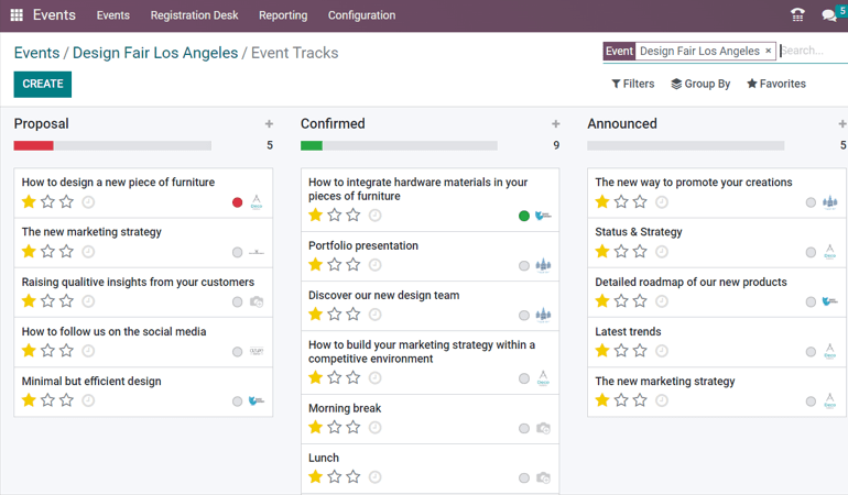 Ansicht der Seite mit den Vortragsvorschlägen mit Hervorhebung der Spalte Vorschlag in Odoo Veranstaltungen.