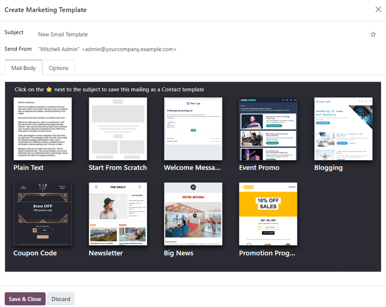 The create marketing template email pop-up window in Odoo Marketing Automation.
