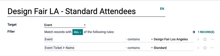 Der Filter für ein Veranstaltungsticket in Odoo Marketing-Automatisierung.