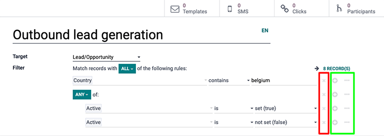 Das Drop-down-Filtermenü in Odoo Marketing-Automatisierung.