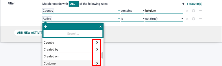 Das Drop-down-Filtermenü in Odoo Marketing-Automatisierung.