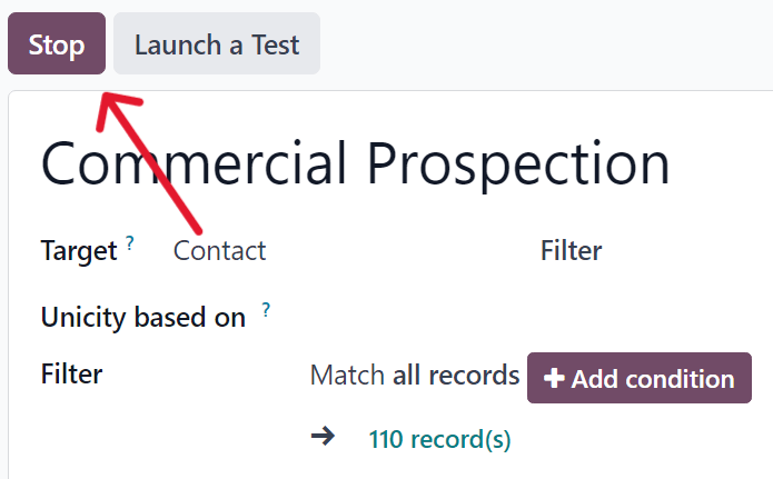 Die Schaltfläche „Stopp“ auf einem typischen Kampagnendetailformular in Odoo Marketing-Automatisierung