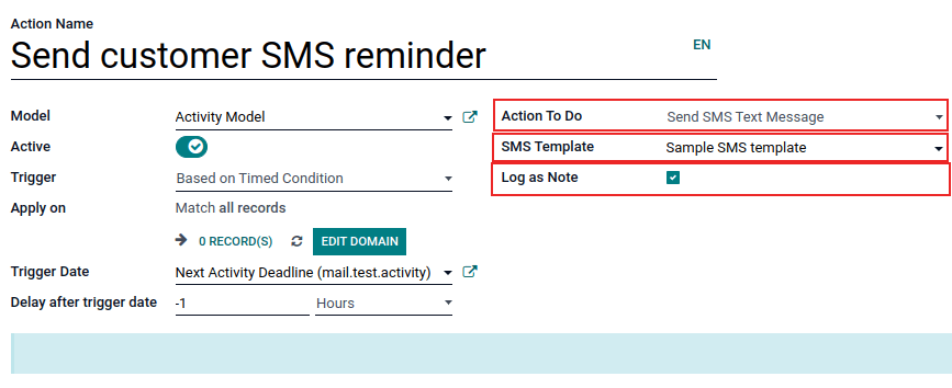 Automated action template with action to do, SMS template and log as note highlighted.