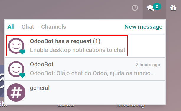 Ansicht der Nachrichten unter dem Nachrichtenmenü mit Hervorhebung der Anfrage für Push-Benachrichtigungen für Odoo Dialog.