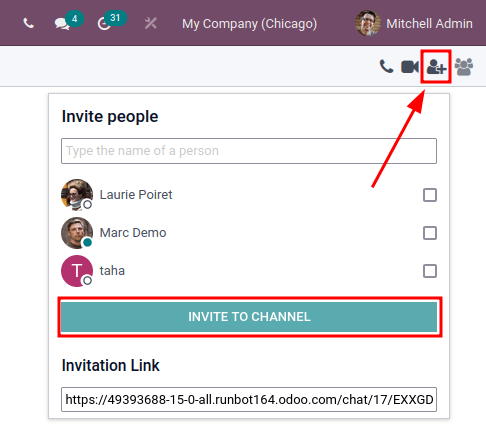 Ansicht der Dialog-Option zum Einladen von Mitgliedern in Odoo Dialog