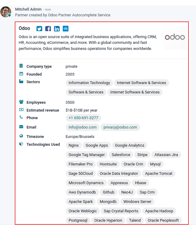 Ansicht der über Odoo mit der Autovervollständigungsoption angezeigten Informationen in Odoo